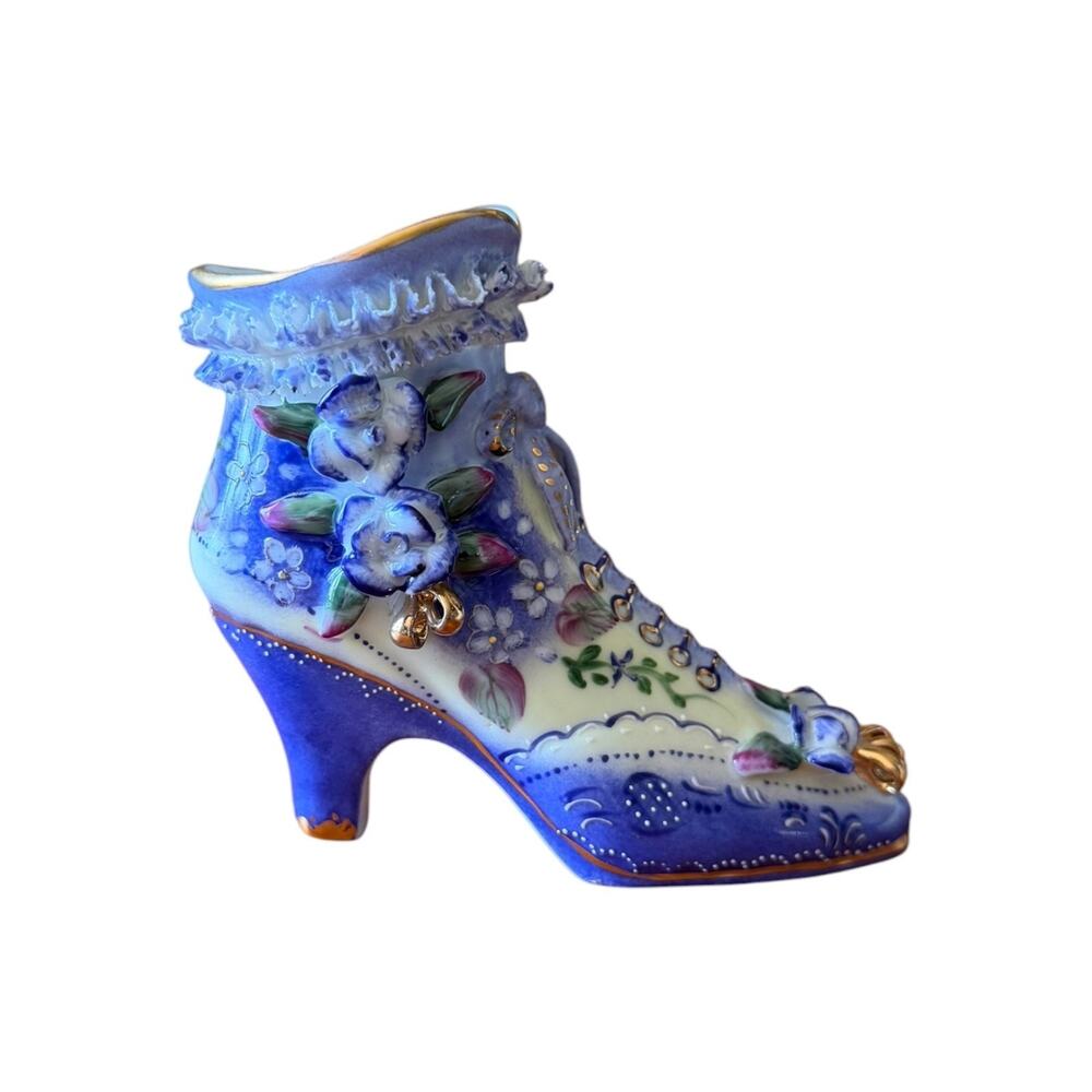 Vintage Style Porcelain Boot Figurine Violet Flowers Ruffle Victorian Shoe Decor